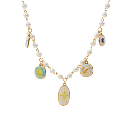 Zora Summer Oil Drop Print Pendant Necklace for Women 18K Gold-plated Stainless Steel All-match Jewelry for Daily Wear ARDEINAL