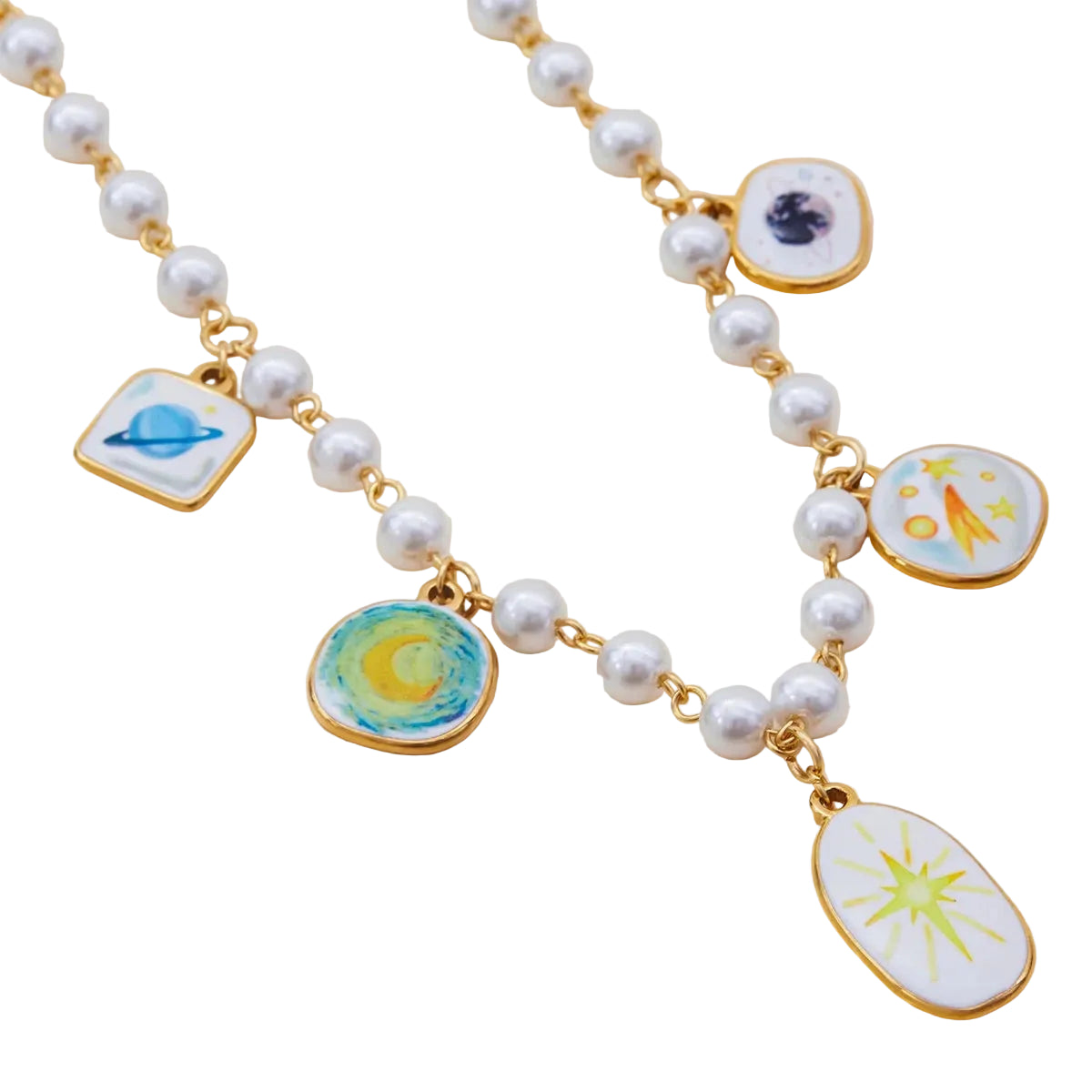 Close-up of stainless-steel Astro Charm Necklace with cosmic charm detail