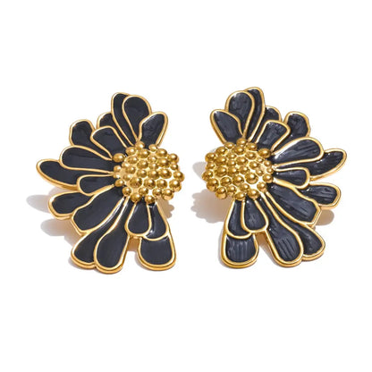 18k PVD Gold-Plated Black Sunflower Earrings
