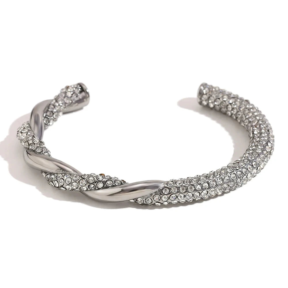 Silver 316L stainless Steel bracelet with cubic zirconia embellishments on a white background