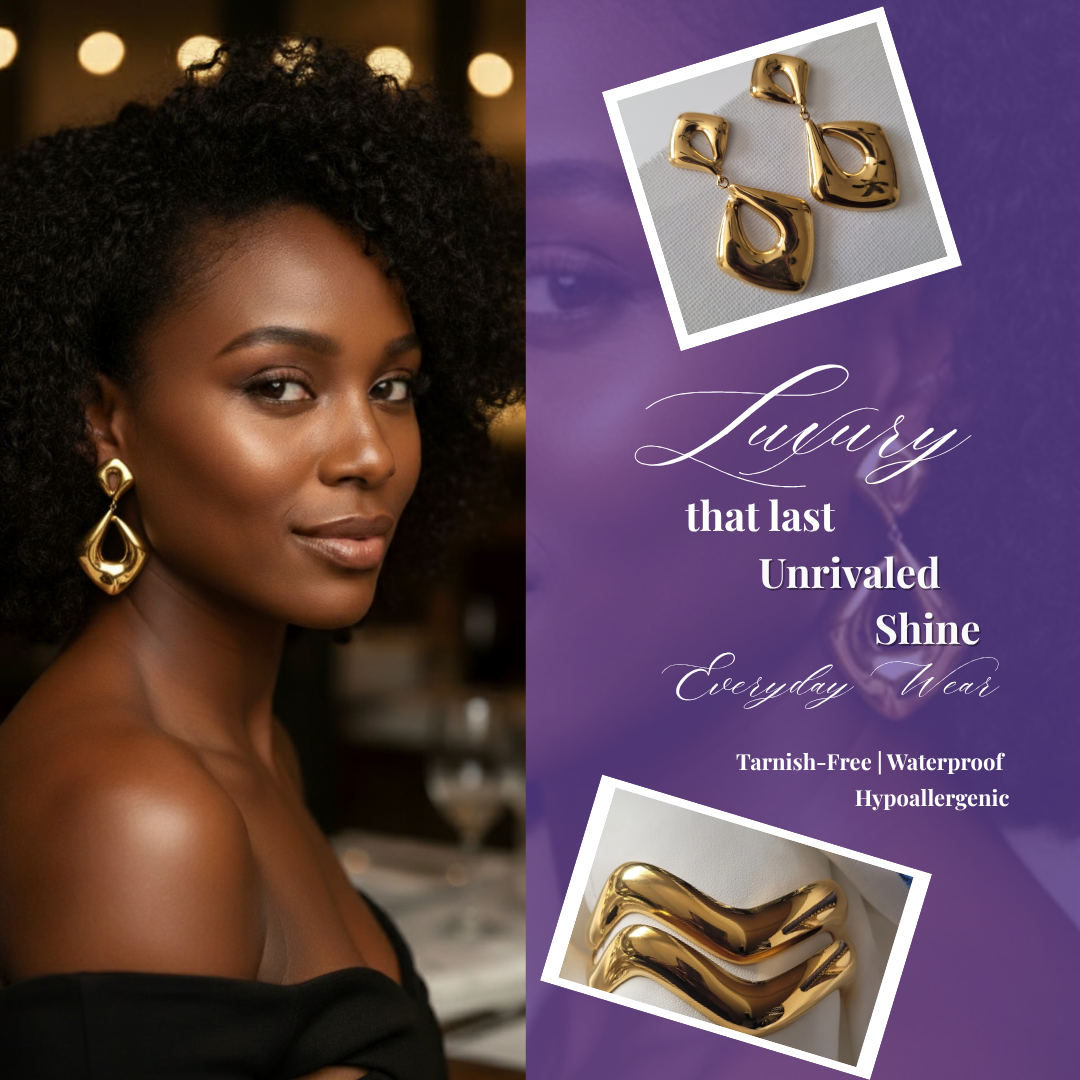 Woman wearing gold earrings with a purple promotional card for the same earrings.