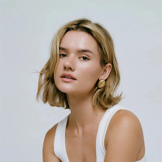 Vintage Stainless Steel Round Oval Chunky Stud Earrings for Women Polished Gold Plated Striped texture Statement JewelryGifts 