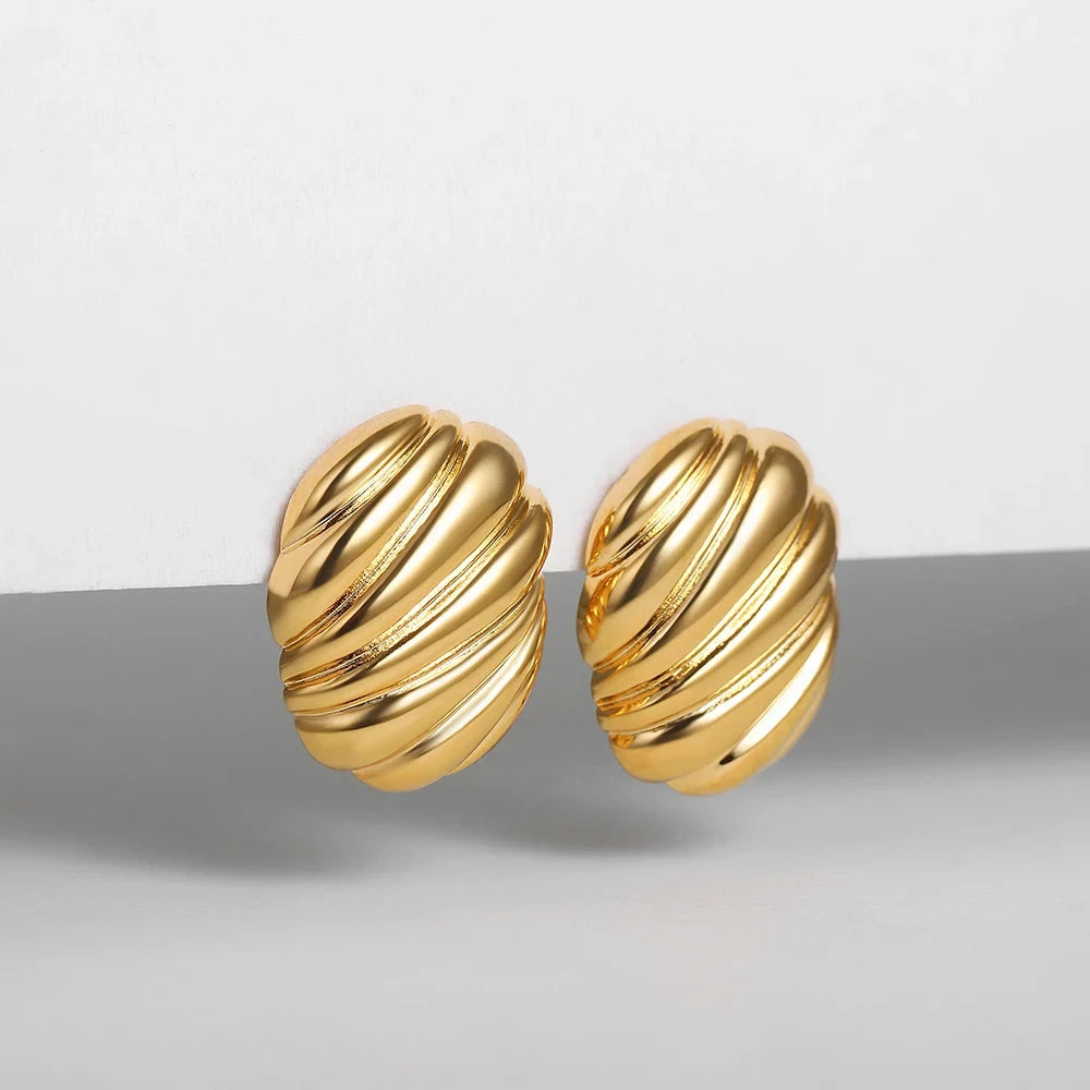 Vintage Stainless Steel Round Oval Chunky Stud Earrings for Women Polished Gold Plated Striped texture Statement JewelryGifts