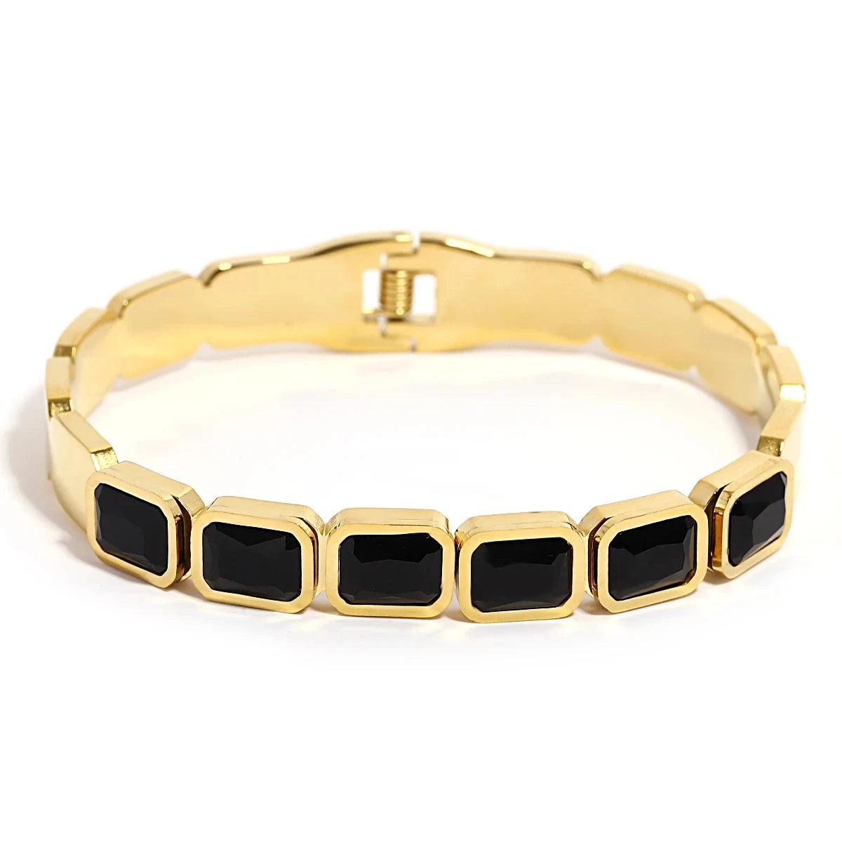 black stainless steel bracelet with black square stones on a white background