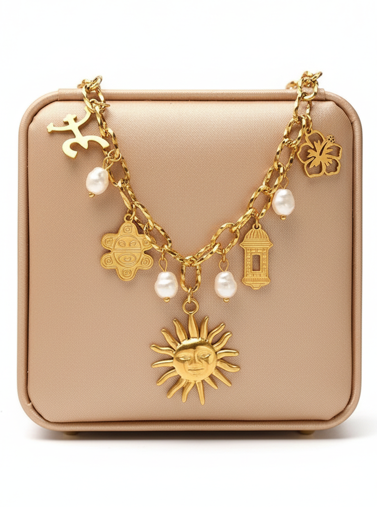 Elyse Charm Necklace ARDEINAL polished stainless steel charm pendant on white background.