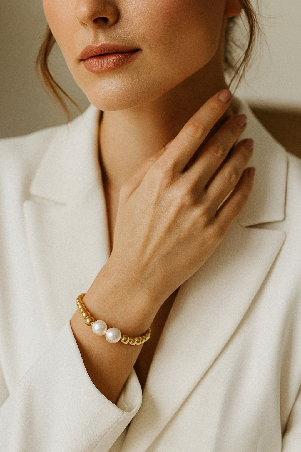 Woman wearing a gold bracelet with pearls, close-up on wrist.
