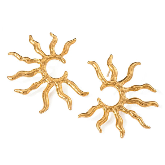 Pair of gold sun-shaped earrings on a white background