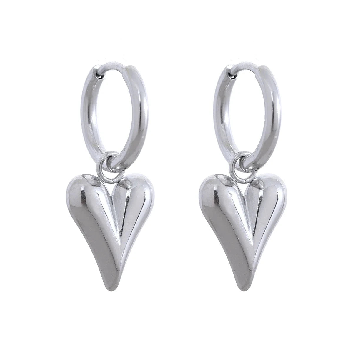 Close-up of stainless steel huggie hoop earrings with a heart design on a white background.