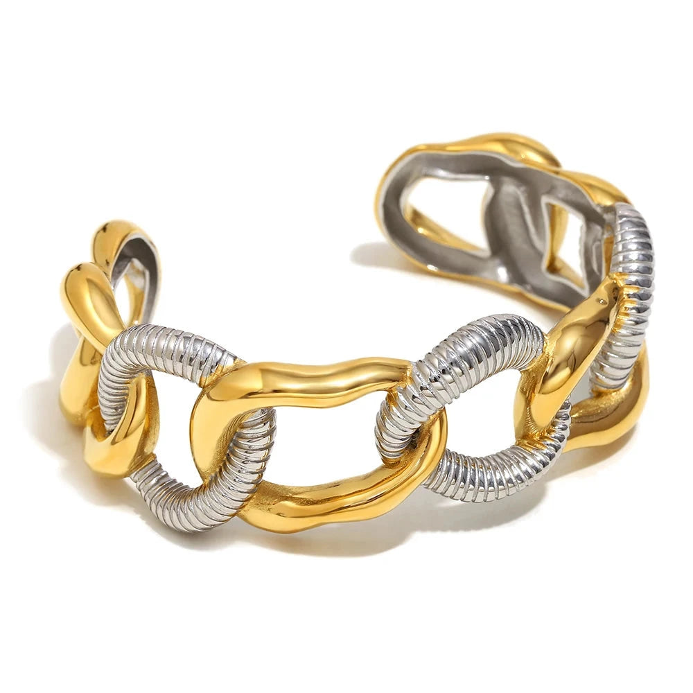 Mixed Metal Exaggerated Cuff Bracelet in Silver, showing the wide, bold, double-color link chain design and open cuff style.