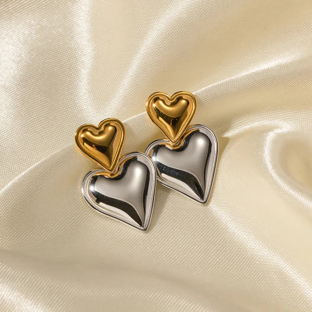 Close-up of Mixed Metal Heart Drop Earrings texture and finish – 18K gold plating over stainless steel