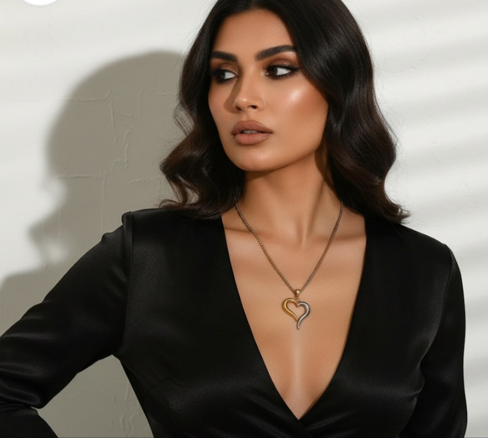 Mixed Metal Heart Necklace worn by a model, showing the elegant drop length and size of the open heart pendant against dark clothing.
