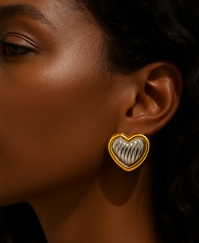 Silver Mixed Metal Chunky Heart Earrings 