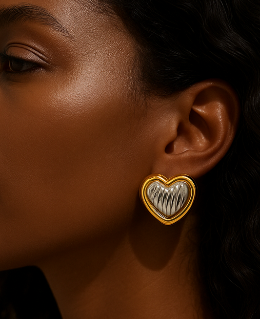 Silver Mixed Metal Chunky Heart Earrings 