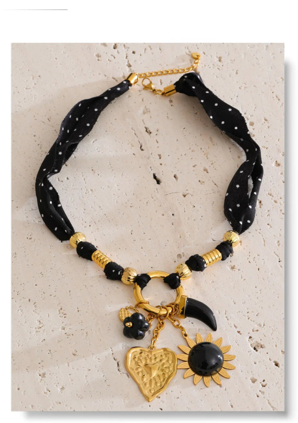 Yhpup Black Polyester Cloth Chain Resin-Hearted Flower Sun Charm Pendant Necklace Stainless Steel Stylish Unique Jewelry ARDEINAL