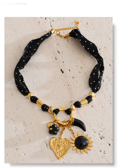 Yhpup Black Polyester Cloth Chain Resin-Hearted Flower Sun Charm Pendant Necklace Stainless Steel Stylish Unique Jewelry ARDEINAL