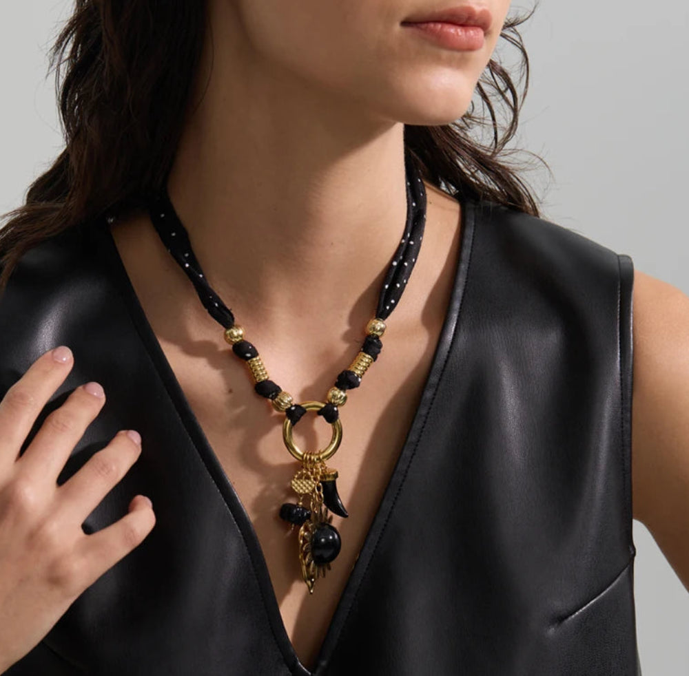 Yhpup Black Polyester Cloth Chain Resin-Hearted Flower Sun Charm Pendant Necklace Stainless Steel Stylish Unique Jewelry ARDEINAL