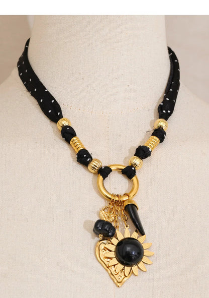 Yhpup Black Polyester Cloth Chain Resin-Hearted Flower Sun Charm Pendant Necklace Stainless Steel Stylish Unique Jewelry ARDEINAL