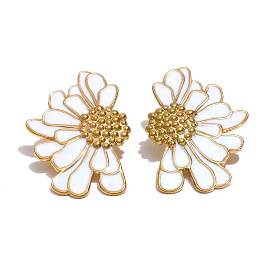 18K PVD Gold-Plated Sunflower statement earrings with white enamel petals, featuring a push-back closure.