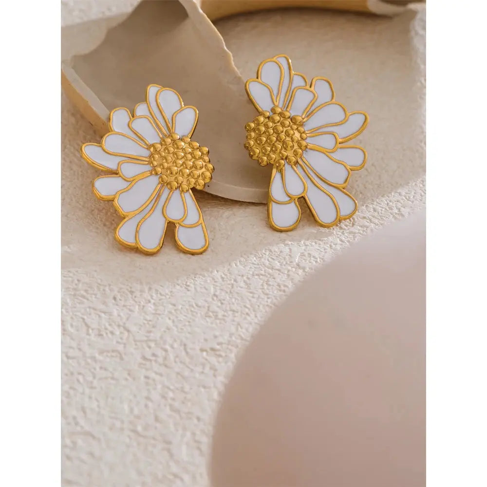 Sunflower Earrings Luxurious large sunflower enamel earrings. Bold, gold-plated stainless steel flower jewelry for women.