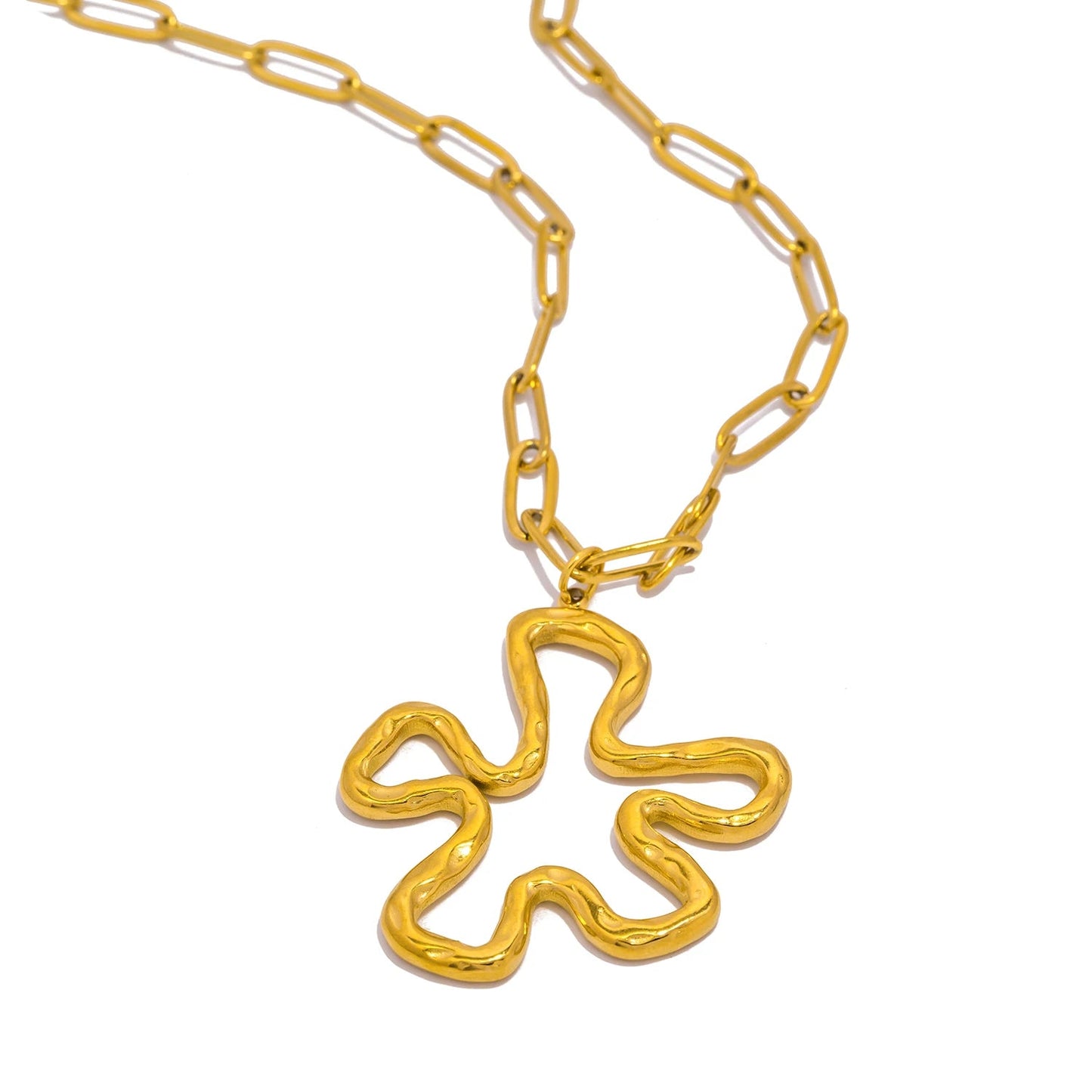 18k gold-plated stainless steel chain with floral pendant on white background
